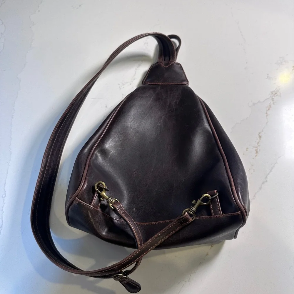 Villager Liz Claiborne Dark Brown Faux Leather Convertible Sling Backpack Y2K